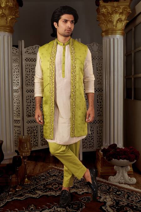 Buy Yajy By Aditya Jain Green Kurta And Bundi Silk, Pants Stretch Cotton Thread & Zardozi Malya & Set Online at Aza Fashions Buy_Yajy By Aditya Jain_Green Kurta And Bundi Silk, Pants Stretch Cotton Thread & Zardozi Malya & Set _Online_at_Aza_Fashions
