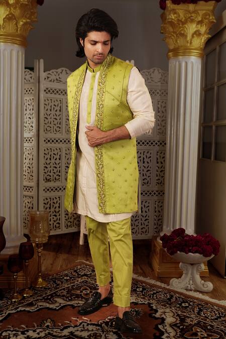 Shop Yajy By Aditya Jain Green Kurta And Bundi Silk, Pants Stretch Cotton Thread & Zardozi Malya & Set Online at Aza Fashions Shop_Yajy By Aditya Jain_Green Kurta And Bundi Silk, Pants Stretch Cotton Thread & Zardozi Malya & Set _Online_at_Aza_Fashions