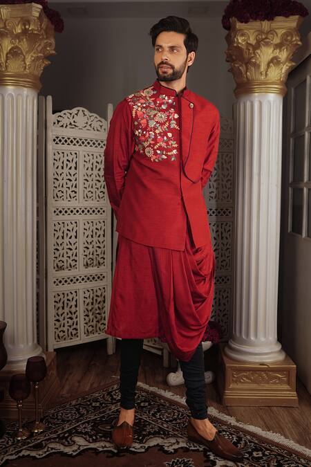 Buy Yajy By Aditya Jain Red Churidar Stretch Cotton, Kurta And Bundi Silk Thread Kara & Set Online at Aza Fashions Buy_Yajy By Aditya Jain_Red Churidar Stretch Cotton, Kurta And Bundi Silk Thread Kara & Set _Online_at_Aza_Fashions