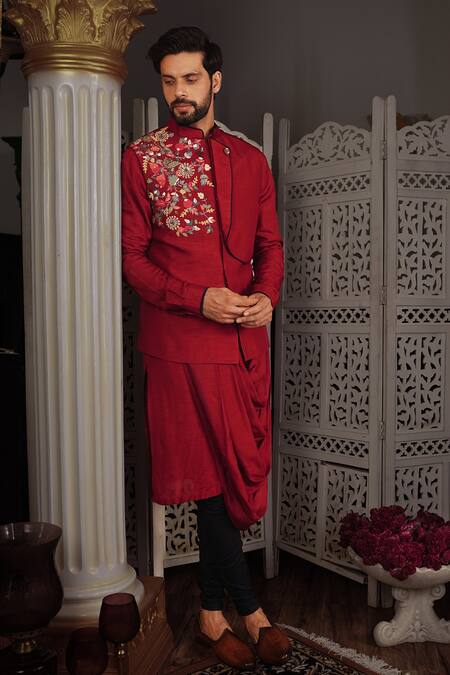Shop Yajy By Aditya Jain Red Churidar Stretch Cotton, Kurta And Bundi Silk Thread Kara & Set Online at Aza Fashions Shop_Yajy By Aditya Jain_Red Churidar Stretch Cotton, Kurta And Bundi Silk Thread Kara & Set _Online_at_Aza_Fashions