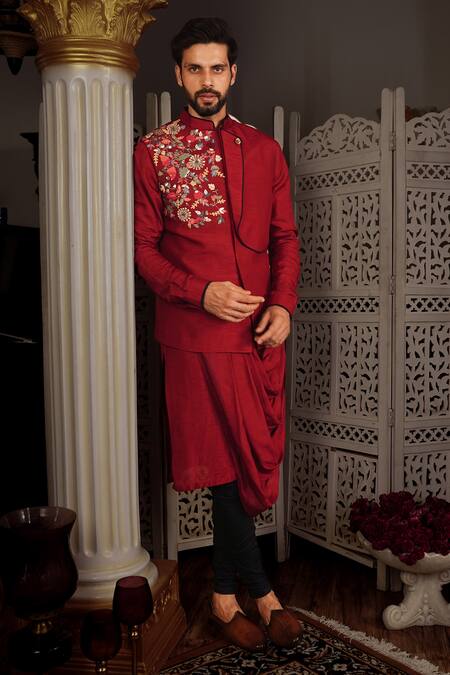 Yajy By Aditya Jain Red Churidar Stretch Cotton, Kurta And Bundi Silk Thread Kara & Set at Aza Fashions Yajy By Aditya Jain_Red Churidar Stretch Cotton, Kurta And Bundi Silk Thread Kara & Set _at_Aza_Fashions