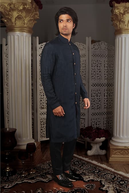 Yajy By Aditya Jain_Blue Kurta Silk, Pant Stretch Cotton Thread Ramalya And Set_Online_at_Aza_Fashions