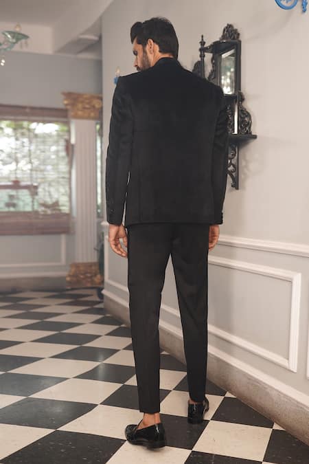 Shop Yajy By Aditya Jain Black Pants Italian Suiting, Shirt Shinning, Tuxedo Suede Kara And Set at Aza Fashions Shop_Yajy By Aditya Jain_Black Pants Italian Suiting, Shirt Shinning, Tuxedo Suede Kara And Set _at_Aza_Fashions