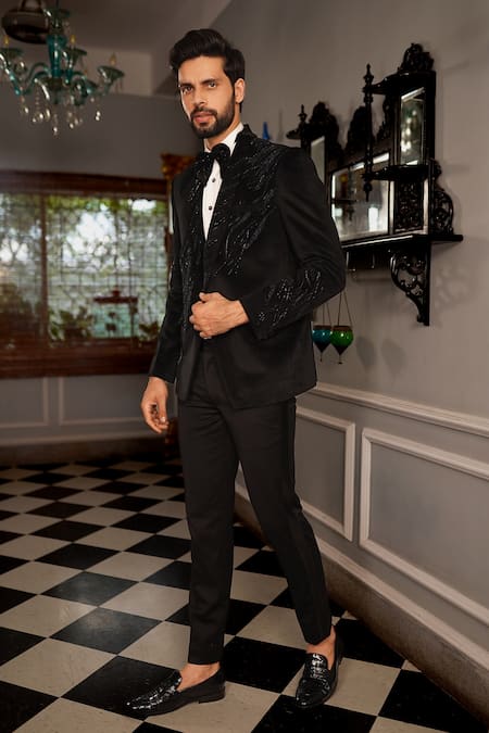 Yajy By Aditya Jain Black Pants Italian Suiting, Shirt Shinning, Tuxedo Suede Kara And Set Online at Aza Fashions Yajy By Aditya Jain_Black Pants Italian Suiting, Shirt Shinning, Tuxedo Suede Kara And Set _Online_at_Aza_Fashions