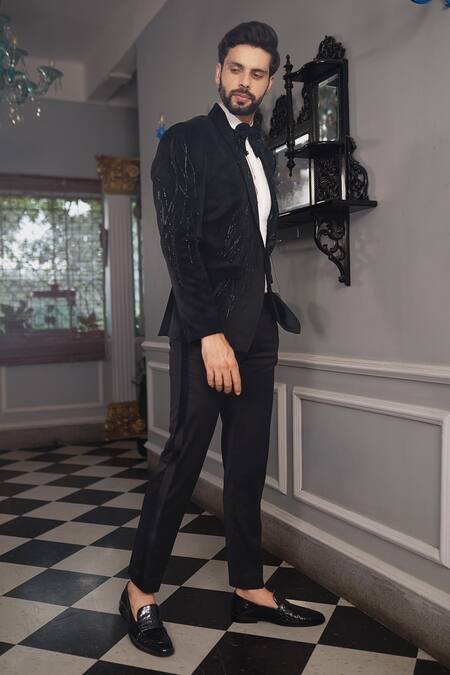 Buy Yajy By Aditya Jain Black Pants Italian Suiting, Shirt Shinning, Tuxedo Suede Kara And Set Online at Aza Fashions Buy_Yajy By Aditya Jain_Black Pants Italian Suiting, Shirt Shinning, Tuxedo Suede Kara And Set _Online_at_Aza_Fashions
