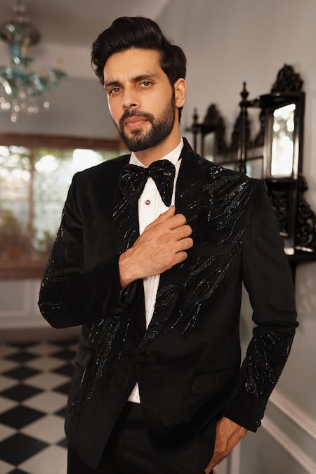 Shop Yajy By Aditya Jain Black Pants Italian Suiting, Shirt Shinning, Tuxedo Suede Kara And Set Online at Aza Fashions Shop_Yajy By Aditya Jain_Black Pants Italian Suiting, Shirt Shinning, Tuxedo Suede Kara And Set _Online_at_Aza_Fashions