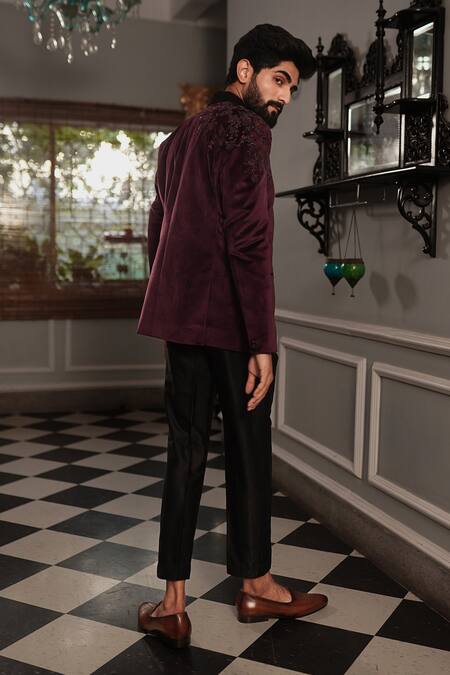 Shop_Yajy By Aditya Jain_Purple Pants Italian Suiting, Shirt Shinning, Tuxedo Trij Embroidered And Set _at_Aza_Fashions