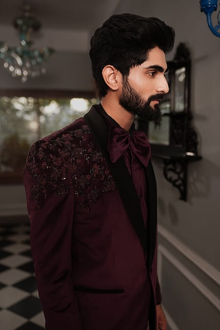 Yajy By Aditya Jain_Purple Pants Italian Suiting, Shirt Shinning, Tuxedo Trij Embroidered And Set _Online_at_Aza_Fashions