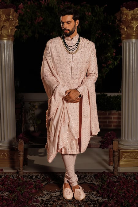 Yajy By Aditya Jain_Pink Churidar Stretch Cotton, Kurta And Dupatta Silk, Kush Embroidered Set _Online_at_Aza_Fashions