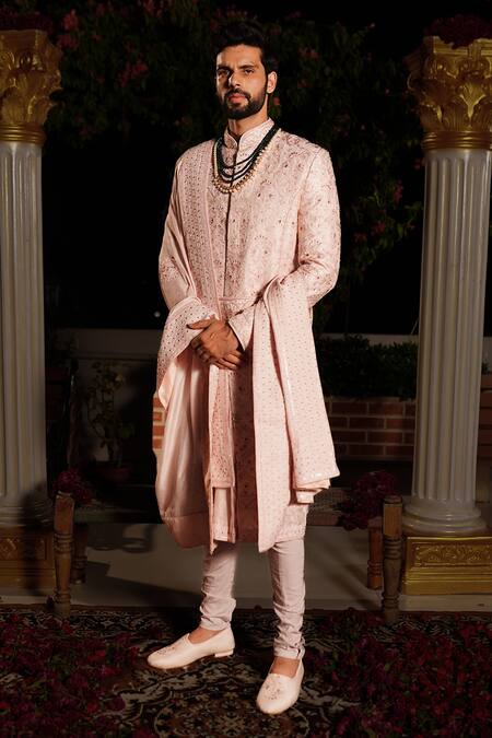 Shop_Yajy By Aditya Jain_Pink Churidar Stretch Cotton, Kurta And Dupatta Silk, Kush Embroidered Set _Online_at_Aza_Fashions