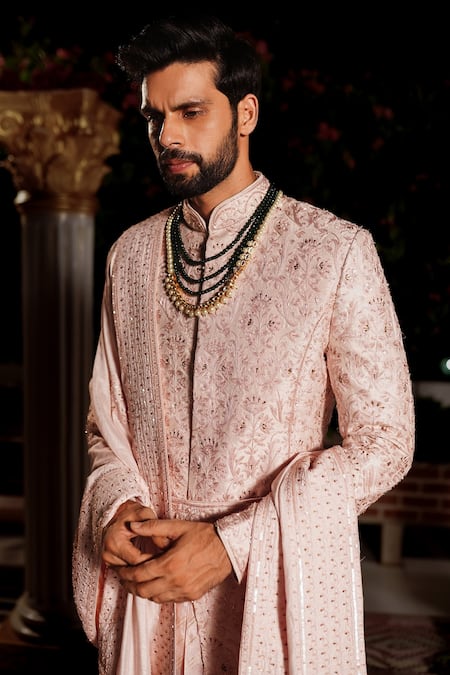 Yajy By Aditya Jain_Pink Churidar Stretch Cotton, Kurta And Dupatta Silk, Kush Embroidered Set _at_Aza_Fashions