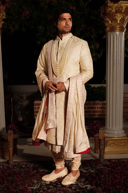 Yajy By Aditya Jain_Off White Churidar Stretch Cotton, Kurta And Dupatta Silk, Lava Embroidered Set_Online_at_Aza_Fashions