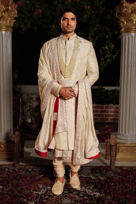 Buy_Yajy By Aditya Jain_Off White Churidar Stretch Cotton, Kurta And Dupatta Silk, Lava Embroidered Set_Online_at_Aza_Fashions