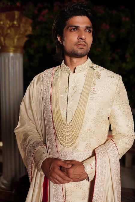 Shop_Yajy By Aditya Jain_Off White Churidar Stretch Cotton, Kurta And Dupatta Silk, Lava Embroidered Set_Online_at_Aza_Fashions