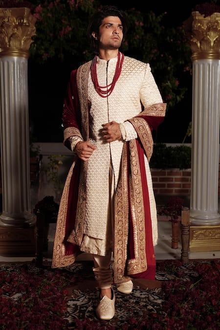 YAJY by Aditya Jain Ivory Sherwani Raw Silk Embroidery Geometric Satya Set 