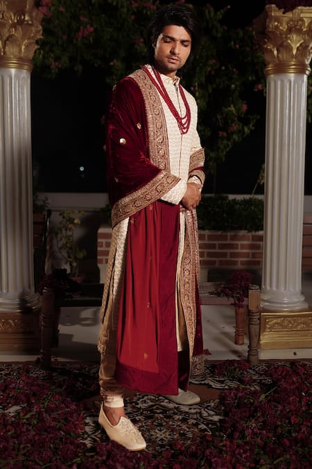 Yajy By Aditya Jain_Ivory Churidar Stretch Cotton, Kurta And Dupatta Silk, Satya Embroidered Set_Online_at_Aza_Fashions