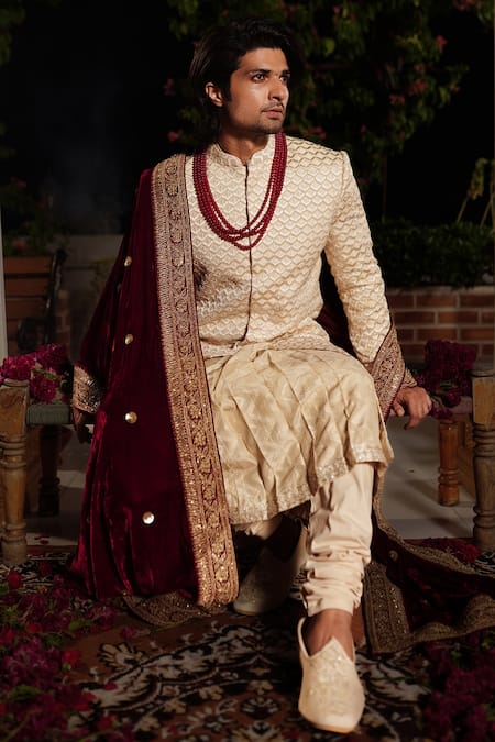 Buy_Yajy By Aditya Jain_Ivory Churidar Stretch Cotton, Kurta And Dupatta Silk, Satya Embroidered Set_Online_at_Aza_Fashions