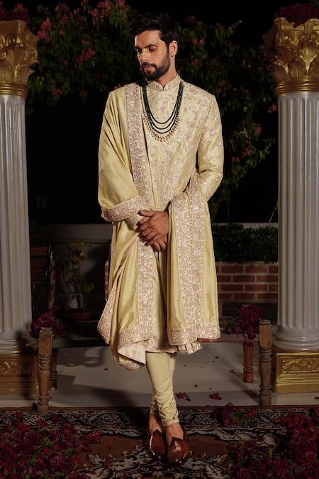 Yajy By Aditya Jain_Green Churidar Stretch Cotton, Kurta And Dupatta Silk, Arjun Embroidered Set_Online_at_Aza_Fashions