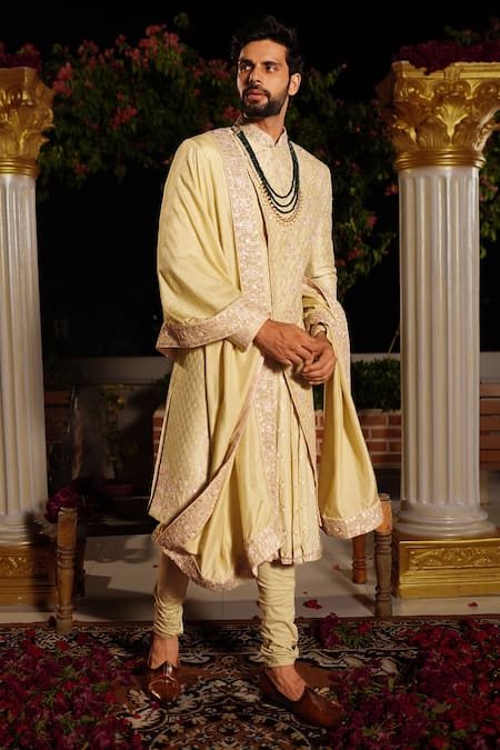 Buy_Yajy By Aditya Jain_Green Churidar Stretch Cotton, Kurta And Dupatta Silk, Arjun Embroidered Set_Online_at_Aza_Fashions