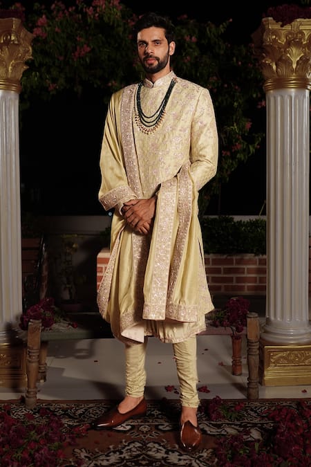 Shop_Yajy By Aditya Jain_Green Churidar Stretch Cotton, Kurta And Dupatta Silk, Arjun Embroidered Set_Online_at_Aza_Fashions