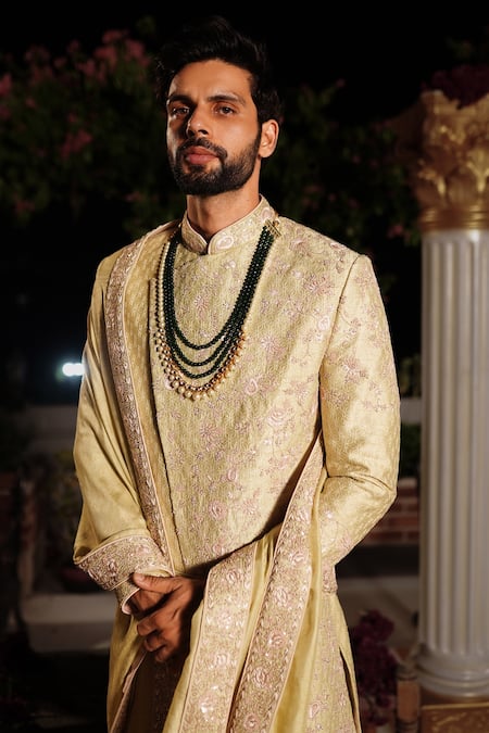 Yajy By Aditya Jain_Green Churidar Stretch Cotton, Kurta And Dupatta Silk, Arjun Embroidered Set_at_Aza_Fashions