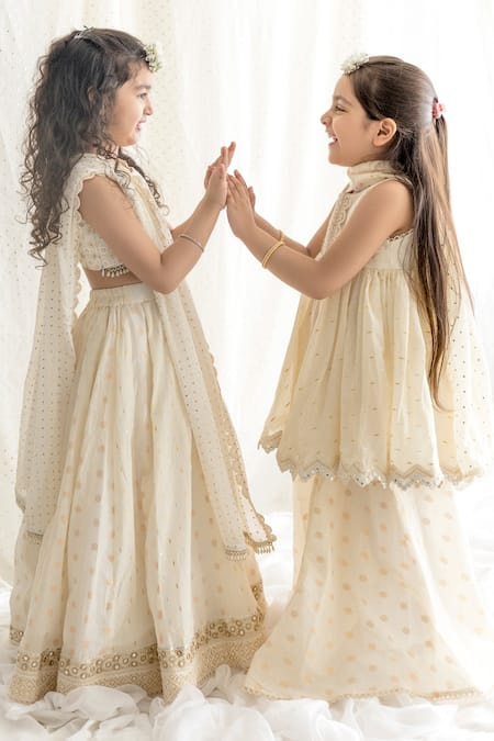 Chotibuti Ivory Cotton, Linen Sequins, Mirrors Embroidered Kurta Sharara Set Online at Aza Fashions Chotibuti_Ivory Cotton, Linen Sequins, Mirrors Embroidered Kurta Sharara Set _Online_at_Aza_Fashions