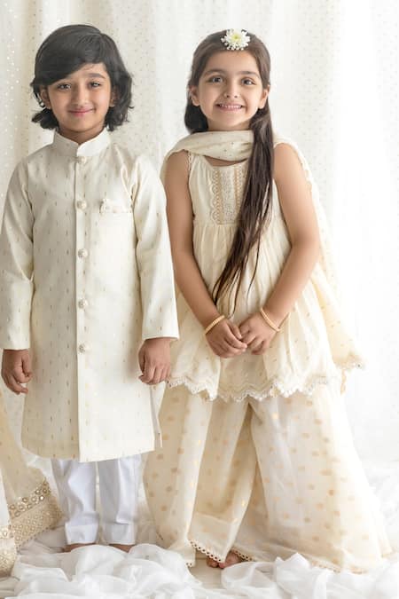 Buy Chotibuti Ivory Cotton, Linen Sequins, Mirrors Embroidered Kurta Sharara Set Online at Aza Fashions Buy_Chotibuti_Ivory Cotton, Linen Sequins, Mirrors Embroidered Kurta Sharara Set _Online_at_Aza_Fashions