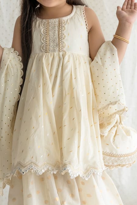 Shop Chotibuti Ivory Cotton, Linen Sequins, Mirrors Embroidered Kurta Sharara Set Online at Aza Fashions Shop_Chotibuti_Ivory Cotton, Linen Sequins, Mirrors Embroidered Kurta Sharara Set _Online_at_Aza_Fashions