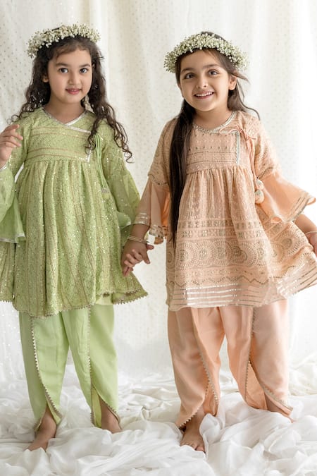 Chotibuti_Peach Georgette Tassels Chikankari Angarkha Kurta And Dhoti Pant Set _Online_at_Aza_Fashions