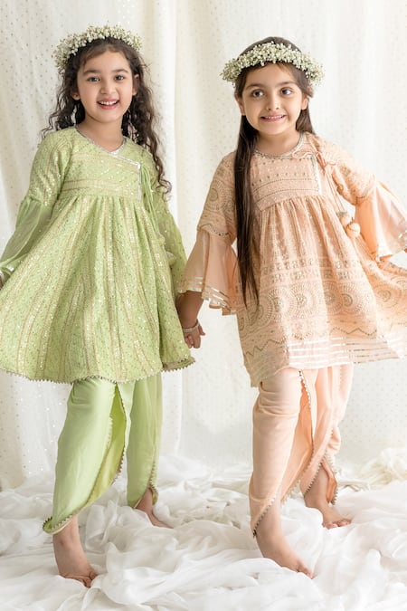 Buy_Chotibuti_Peach Georgette Tassels Chikankari Angarkha Kurta And Dhoti Pant Set _Online_at_Aza_Fashions