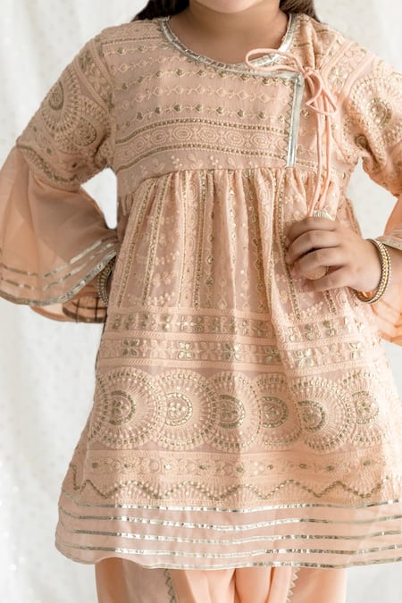 Shop_Chotibuti_Peach Georgette Tassels Chikankari Angarkha Kurta And Dhoti Pant Set _Online_at_Aza_Fashions