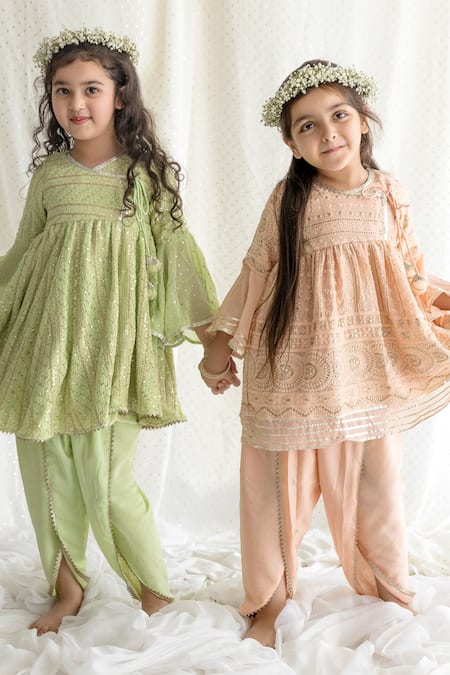 Chotibuti Green Georgette Tassels Chikankari Angarkha Kurta And Dhoti Pant Set Online at Aza Fashions Chotibuti_Green Georgette Tassels Chikankari Angarkha Kurta And Dhoti Pant Set _Online_at_Aza_Fashions