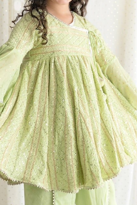 Shop Chotibuti Green Georgette Tassels Chikankari Angarkha Kurta And Dhoti Pant Set Online at Aza Fashions Shop_Chotibuti_Green Georgette Tassels Chikankari Angarkha Kurta And Dhoti Pant Set _Online_at_Aza_Fashions