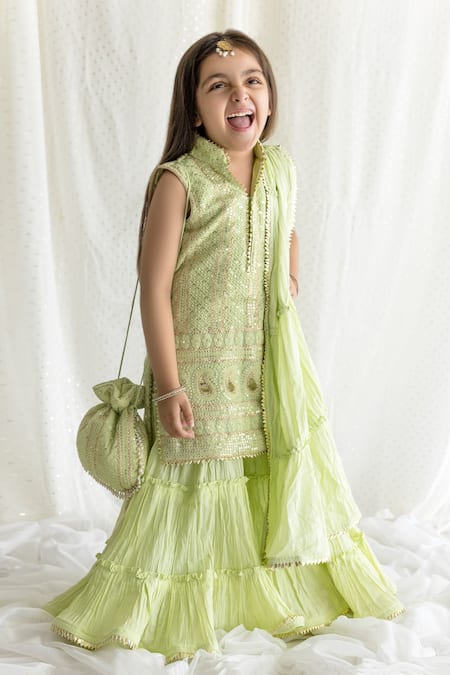 Shop_Chotibuti_Green Georgette, Handloom Cotton Sequins, Embroidery Kurta Sharara Set _at_Aza_Fashions