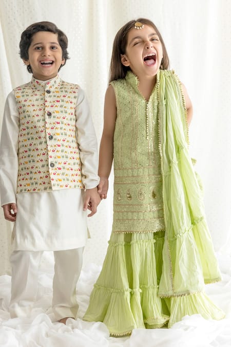 Chotibuti_Green Georgette, Handloom Cotton Sequins, Embroidery Kurta Sharara Set _Online_at_Aza_Fashions
