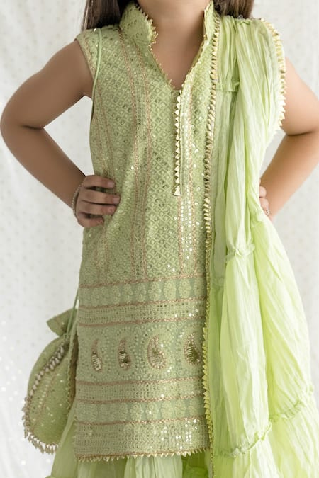 Buy_Chotibuti_Green Georgette, Handloom Cotton Sequins, Embroidery Kurta Sharara Set _Online_at_Aza_Fashions