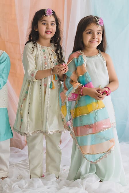 Chotibuti_Blue Muslin, Linen Gota Patti, Mirrors Embroidered Kurta Sharara Set _Online_at_Aza_Fashions