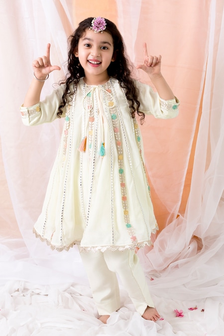 Chotibuti Yellow Muslin, Linen Gota Patti, Mirrors, Tassels Embroidered Kurta And Pant Set 