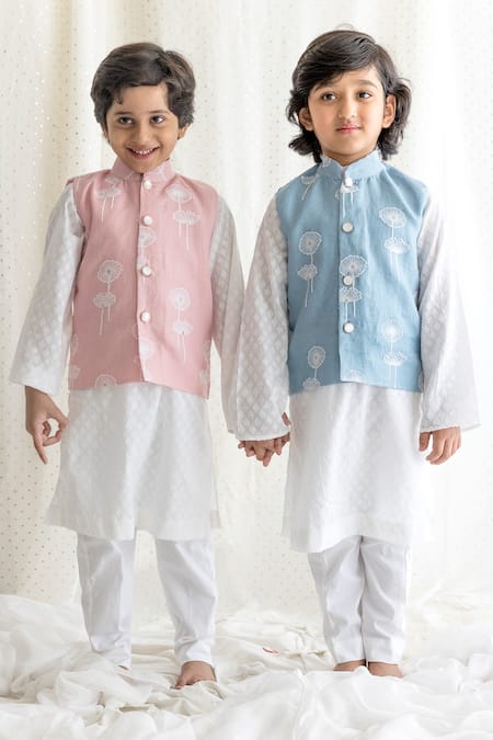 Chotibuti_Blue Linen, Cotton, Lycra Embroidery Dandelion Bundi Kurta Set _Online_at_Aza_Fashions