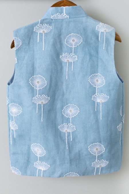Buy_Chotibuti_Blue Linen, Cotton, Lycra Embroidery Dandelion Bundi Kurta Set _Online_at_Aza_Fashions