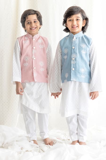 Chotibuti_Pink Linen, Cotton Embroidery Dandelion Bundi Kurta Set _Online_at_Aza_Fashions