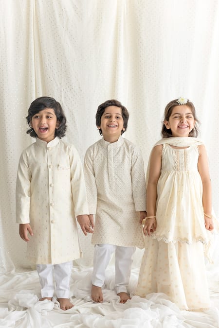 Chotibuti_Off White Cotton, Lycra Sequins Embroidered Kurta And Pant Set _Online_at_Aza_Fashions