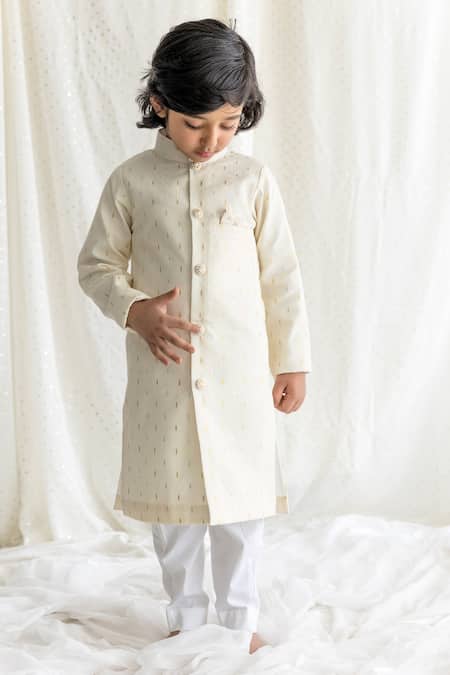 Shop_Chotibuti_Off White Cotton Embroidery Sherwani And Pant Set _at_Aza_Fashions
