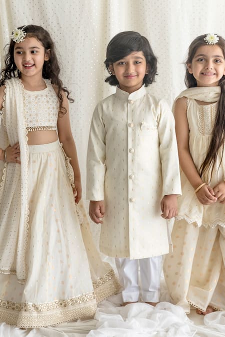 Chotibuti_Off White Cotton Embroidery Sherwani And Pant Set _Online_at_Aza_Fashions
