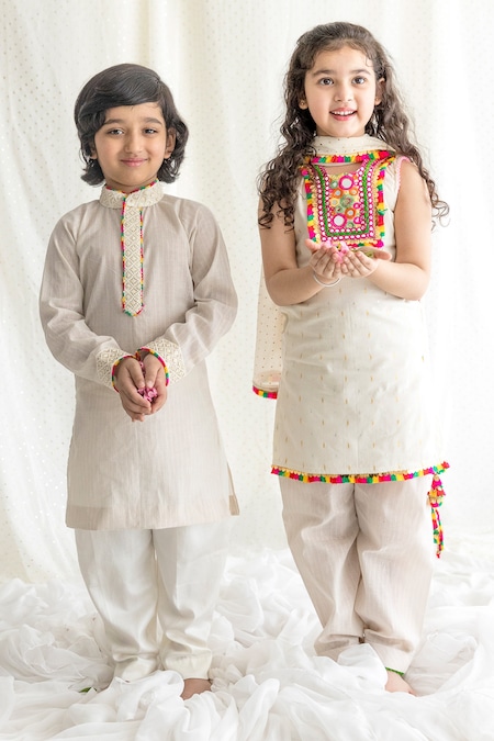 Shop_Chotibuti_Off White Cotton, Lycra Embroidery Kurta And Pant Set _at_Aza_Fashions