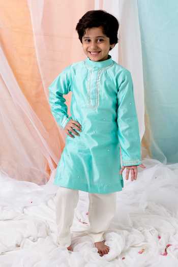 Chotibuti_Cream Chanderi, Cotton, Lycra Sequins, Mirrors, Embroidered Bundi And Kurta Set _Online_at_Aza_Fashions