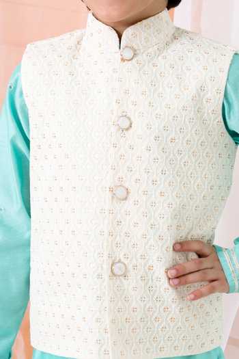 Buy_Chotibuti_Cream Chanderi, Cotton, Lycra Sequins, Mirrors, Embroidered Bundi And Kurta Set _Online_at_Aza_Fashions
