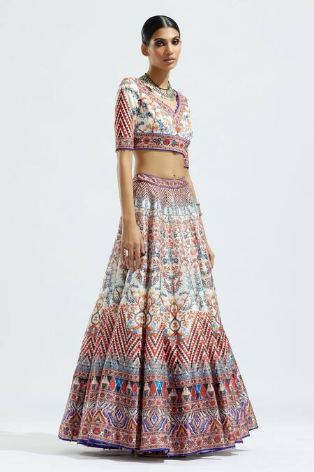Rajdeep Ranawat_Ivory Lycra, Dupion, Kota Silk Floral, Leela Printed Bridal Lehenga Set_Online_at_Aza_Fashions
