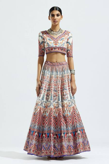 Buy_Rajdeep Ranawat_Ivory Lycra, Dupion, Kota Silk Floral, Leela Printed Bridal Lehenga Set_Online_at_Aza_Fashions
