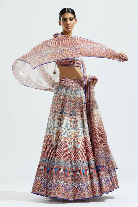 Shop_Rajdeep Ranawat_Ivory Lycra, Dupion, Kota Silk Floral, Leela Printed Bridal Lehenga Set_Online_at_Aza_Fashions
